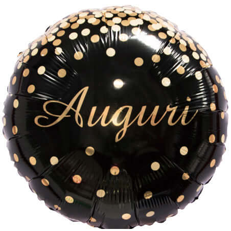 PALLONCINO IN MYLAR TONDO AUGURI NERO CORIANDOLI ORO 45 CM