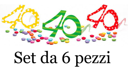 SET 6 PEZZI OCCHIALI CARTA COLORI ASSORTITI 40 ANNI