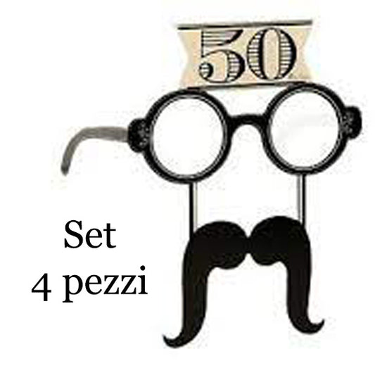 SET 4 PEZZI OCCHIALI CON BAFFI IN CARTA 50 ANNI