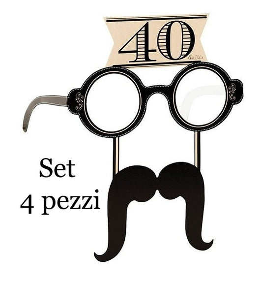 SET 4 PEZZI OCCHIALI CON BAFFI IN CARTA 40 ANNI