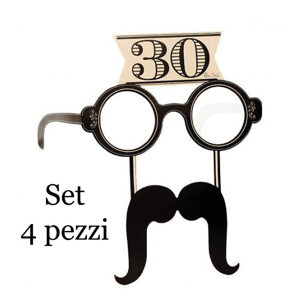 SET 4 PEZZI OCCHIALI CON BAFFI IN CARTA 30 ANNI