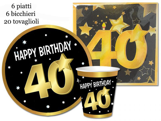 SET PARTY 40 ANNI COMPOSTO DA ( 20 tovaglioli - 6 piatti - 6 biccieri )