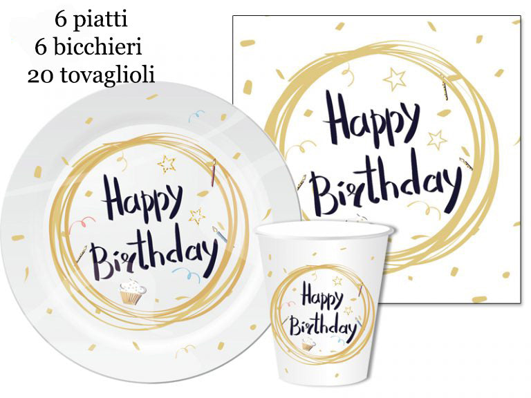 SET PARTY happy birthday bianco COMPOSTO DA ( 20 tovaglioli - 6 piatti - 6 biccieri )