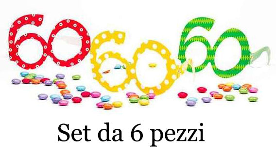 SET 6 PEZZI OCCHIALI CARTA COLORI ASSORTITI 60 ANNI