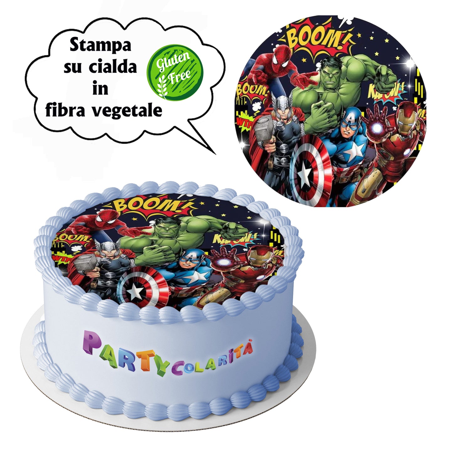 CIALDA PER TORTA AVENGERS TONDA IN IN FIBRA VEGETALE DIAMETRO 20 CM (mod-2)