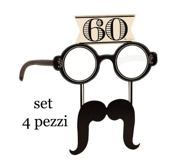 SET 4 PEZZI OCCHIALI CON BAFFI IN CARTA 60 ANNI