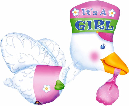 NASCITA GIRL PALLONCINO CICOGNA IT'S A GIRL 58X81 CM